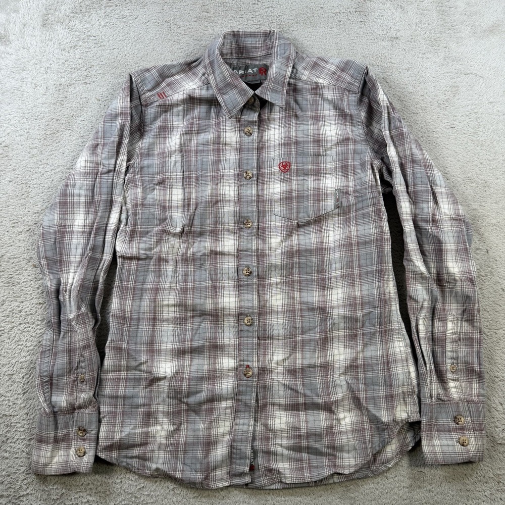 Ariat FR Shirt Womens XS Grey Plaid Flame Resistant Long Sleeve Workwear Button